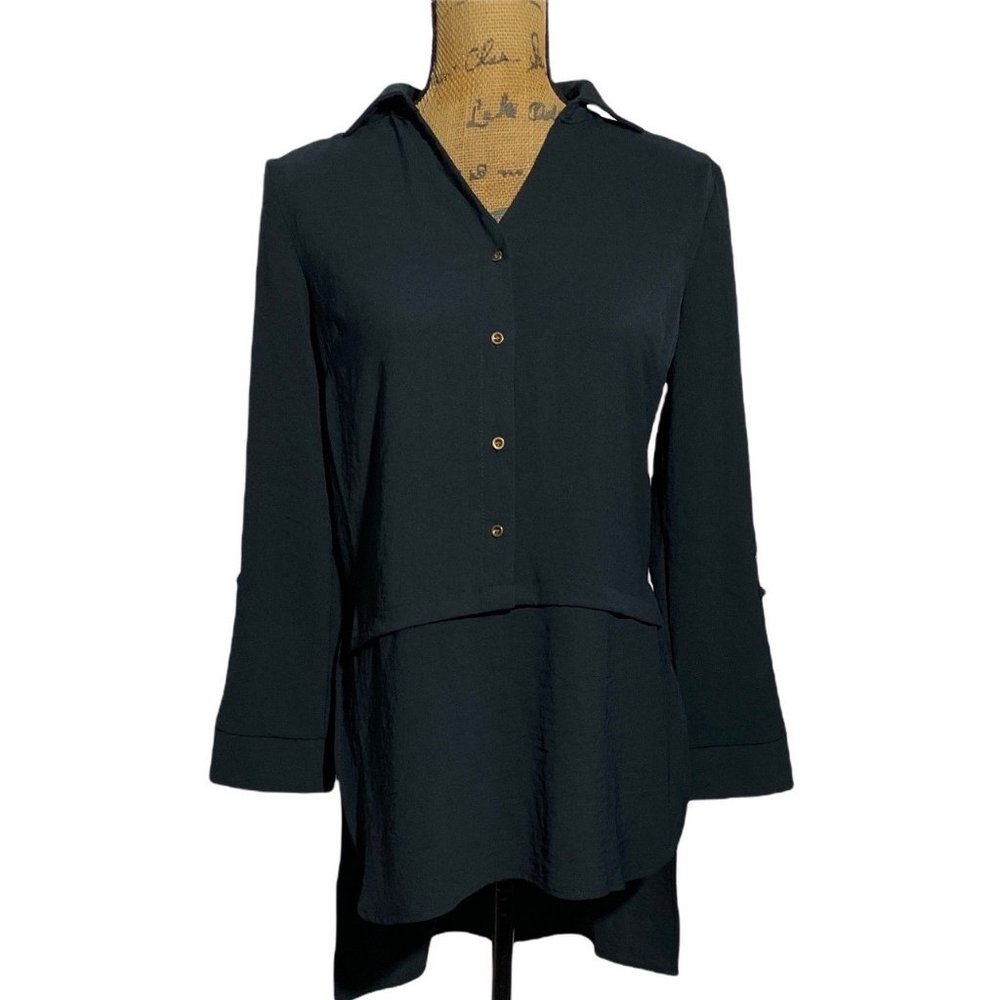 Ady‎ P XS Button Down Shirt Long Tunic Lagenlook Black Hi Low 3/4 Sl Side Slits